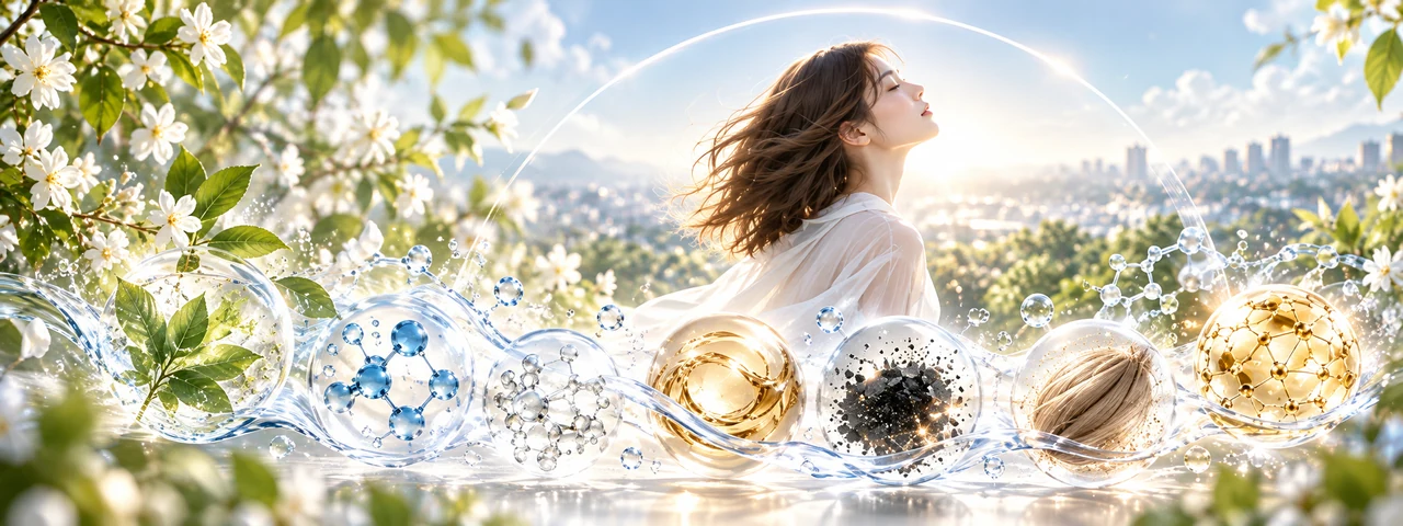 光の中の女性と、植物・分子・髪などを表す球体が水の流れでつながる、Above the Treatmentのイメージ。