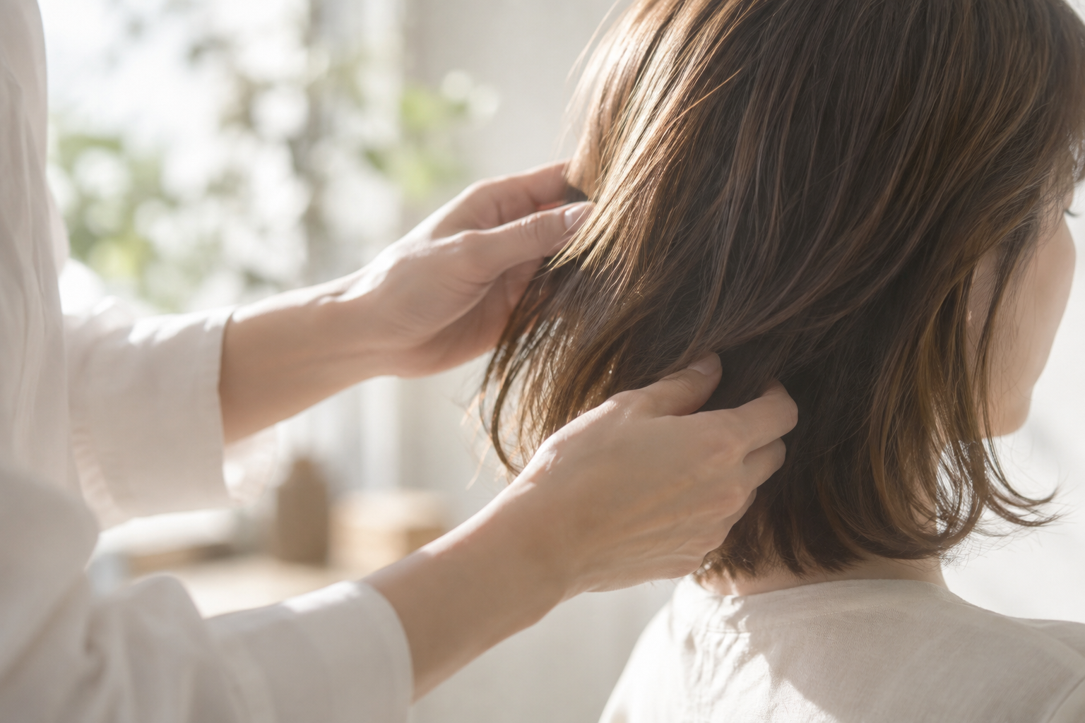 施術者が両手でミディアムヘアにやさしく触れている様子