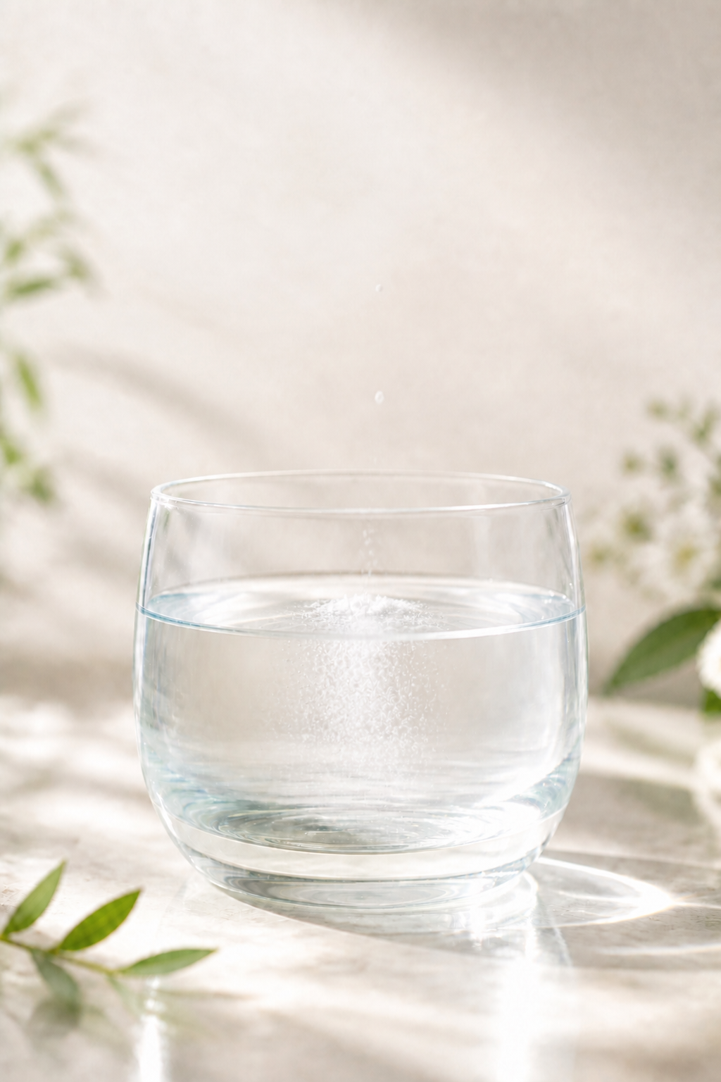 透明な水にごく少量の白いパウダーが静かに加わっている様子